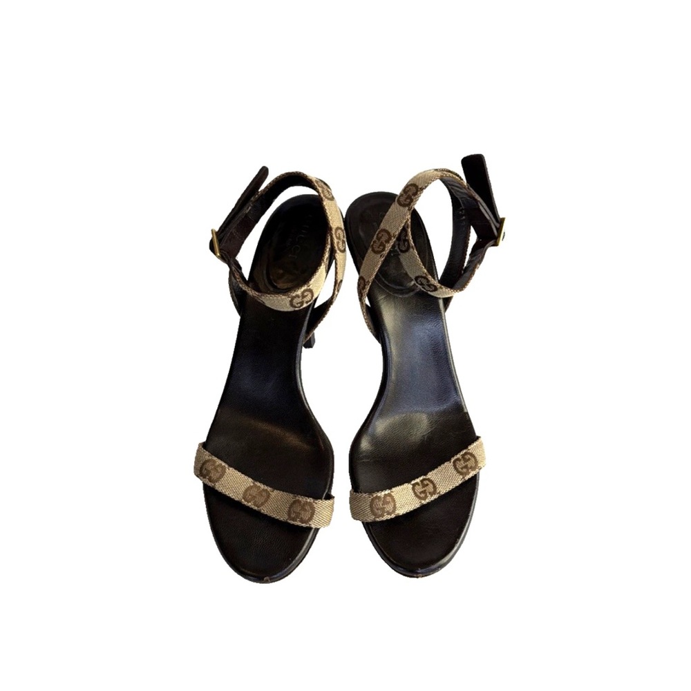 Gucci Beige & Brown GG Canvas Ankle Strap Heeled Sandals Women Size 6.5 B
